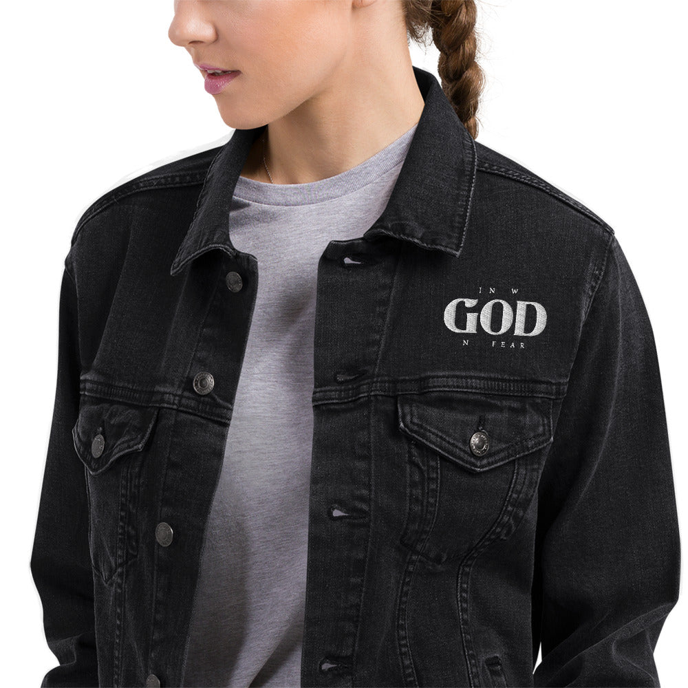 Know God, No Fear: Women's Denim Jacket in Black - Faith-Mark