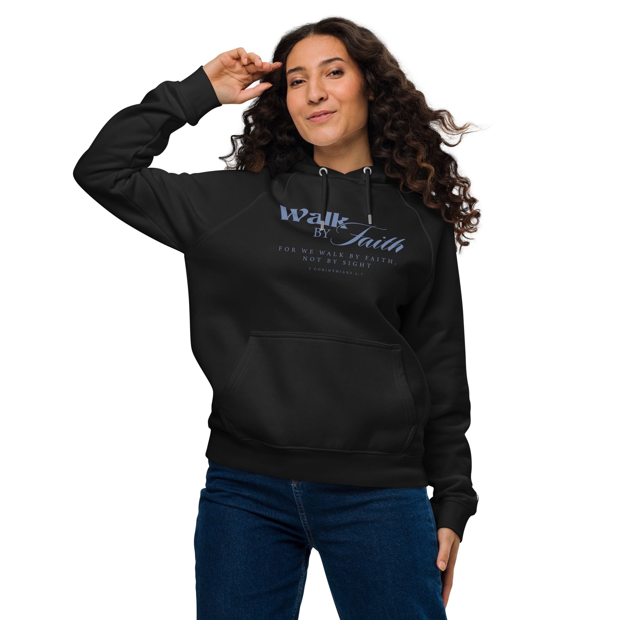 Walk by Faith: Women's Organic Cotton Hoodie in Black - Faith-Mark