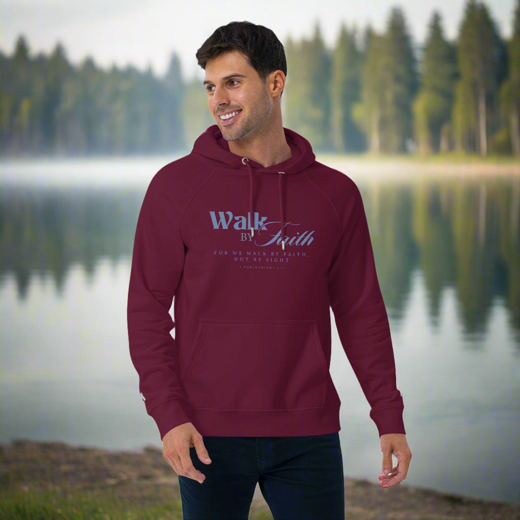 Walk by Faith: Men's Organic Cotton Hoodie in Burgundy - Faith-Mark