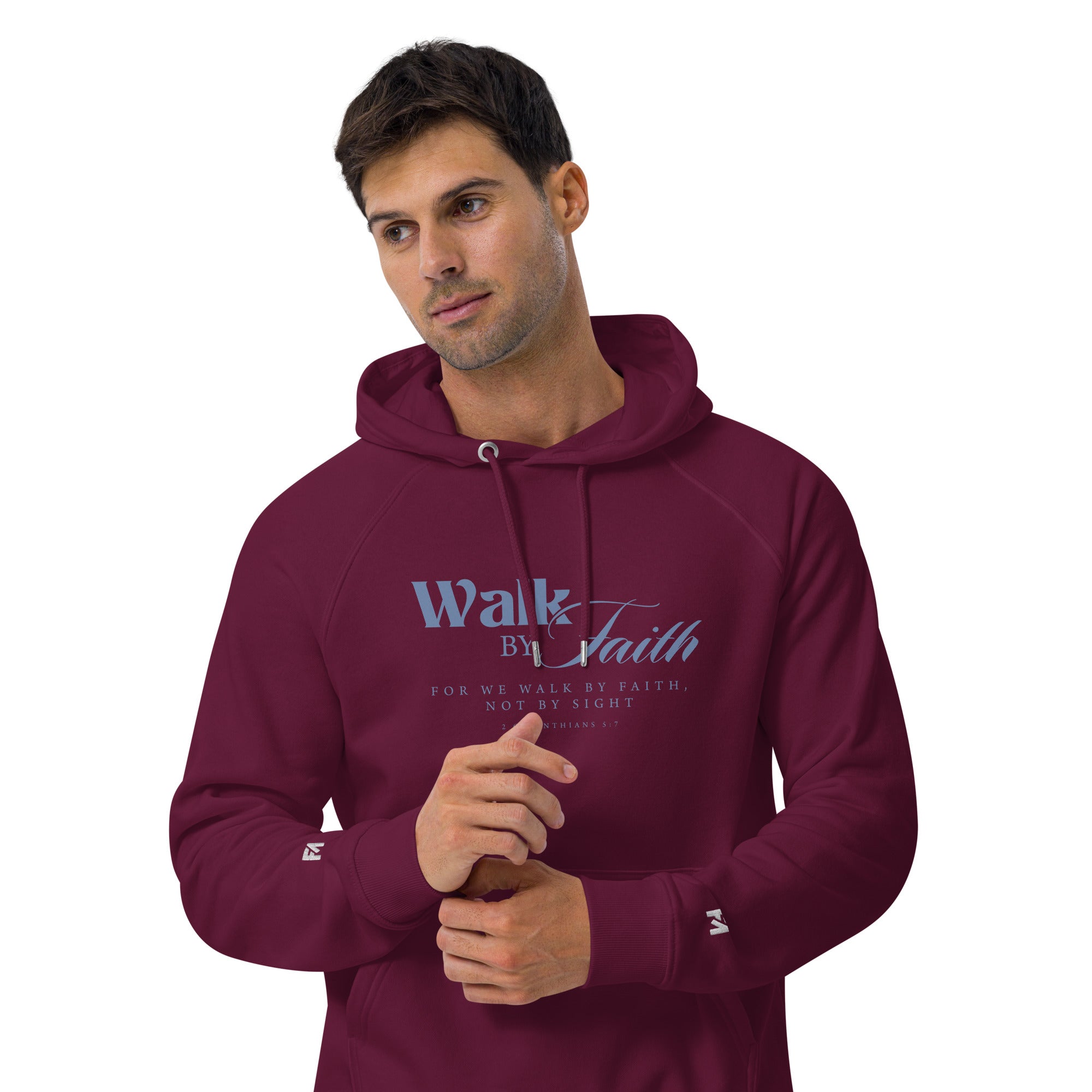 Walk by Faith: Men's Organic Cotton Hoodie in Burgundy - Faith-Mark