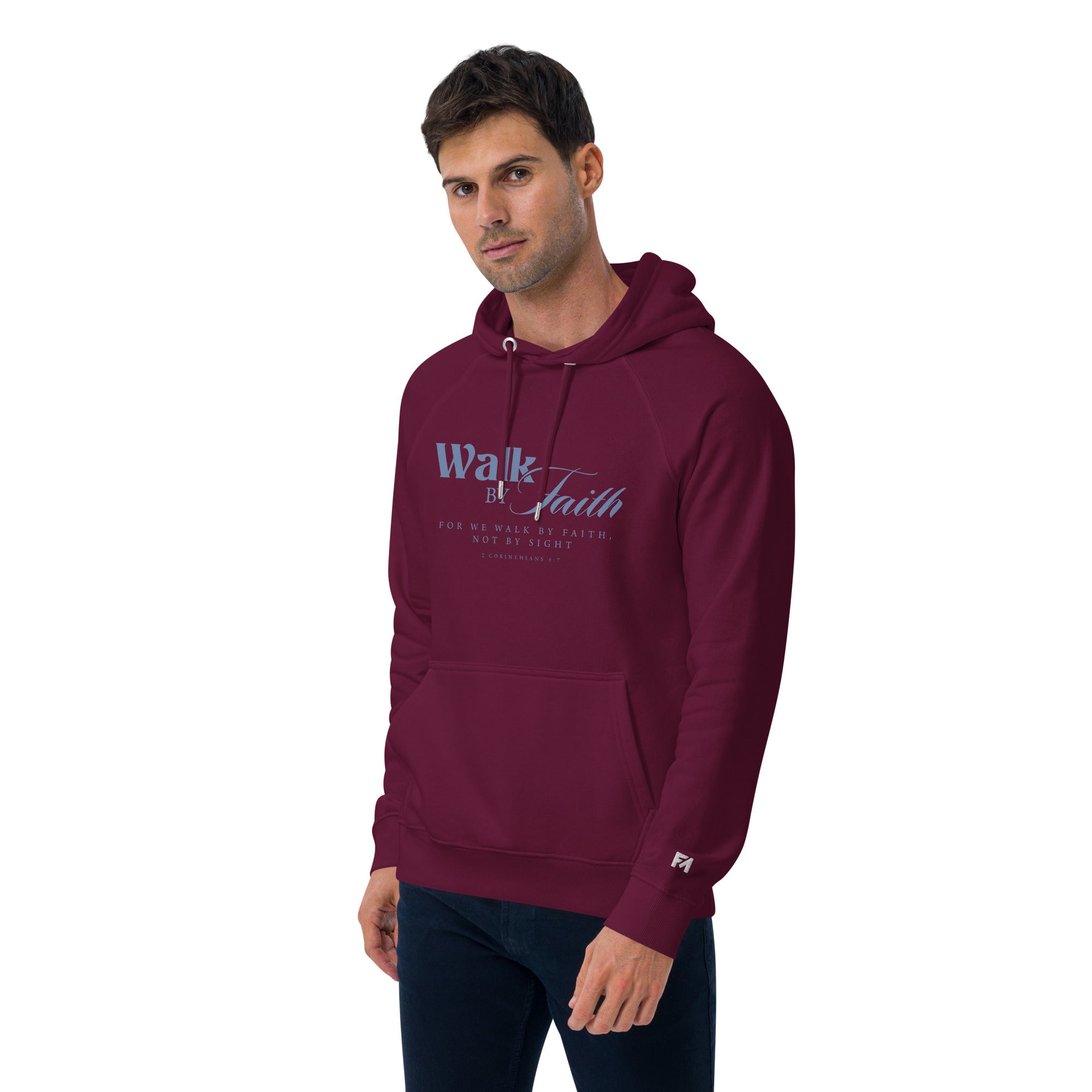 Walk by Faith: Men's Organic Cotton Hoodie in Burgundy - Faith-Mark