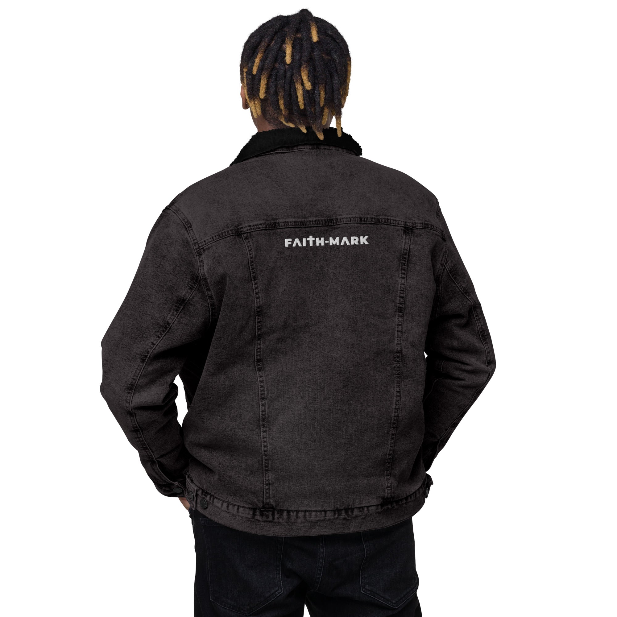 Know God, No Fear: Men's Sherpa-Lined Denim Jacket in Black - Faith-Mark