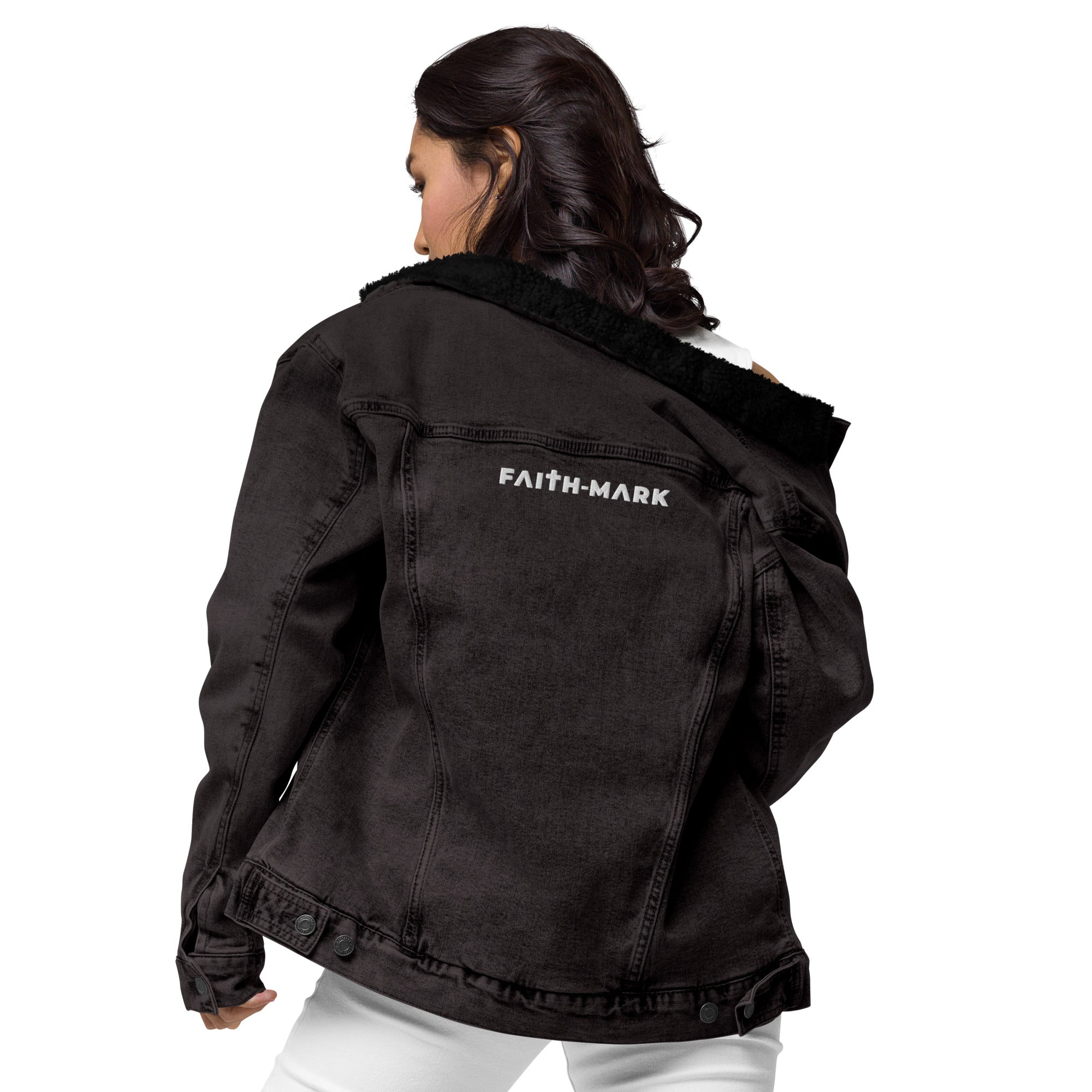 Know God, No Fear: Women's Sherpa-Lined Denim Jacket in Black - Faith-Mark