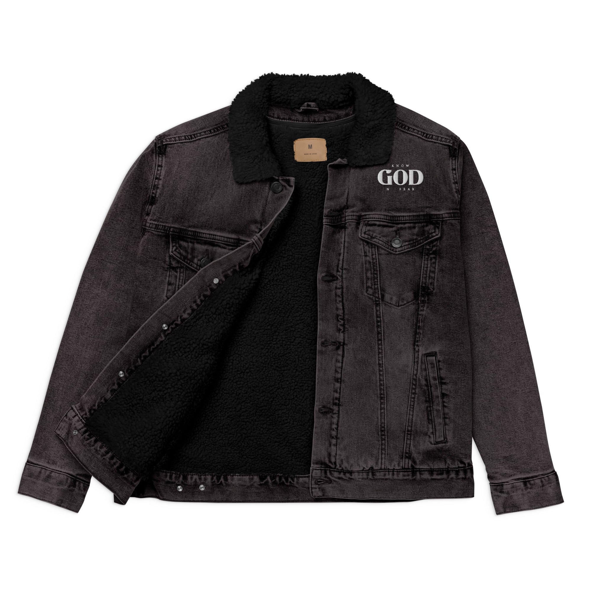 Know God, No Fear: Men's Sherpa-Lined Denim Jacket in Black - Faith-Mark