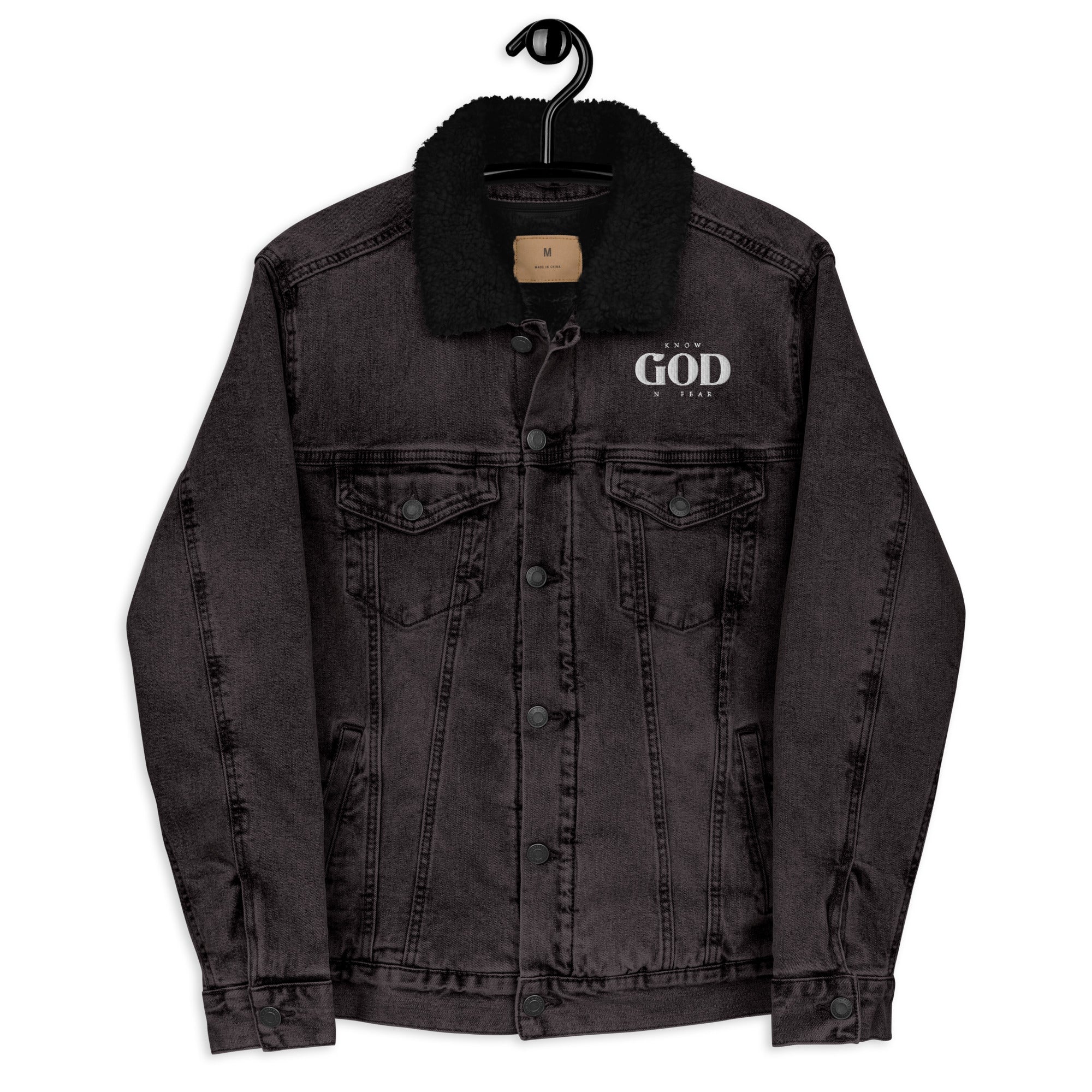 Know God, No Fear: Men's Sherpa-Lined Denim Jacket in Black - Faith-Mark