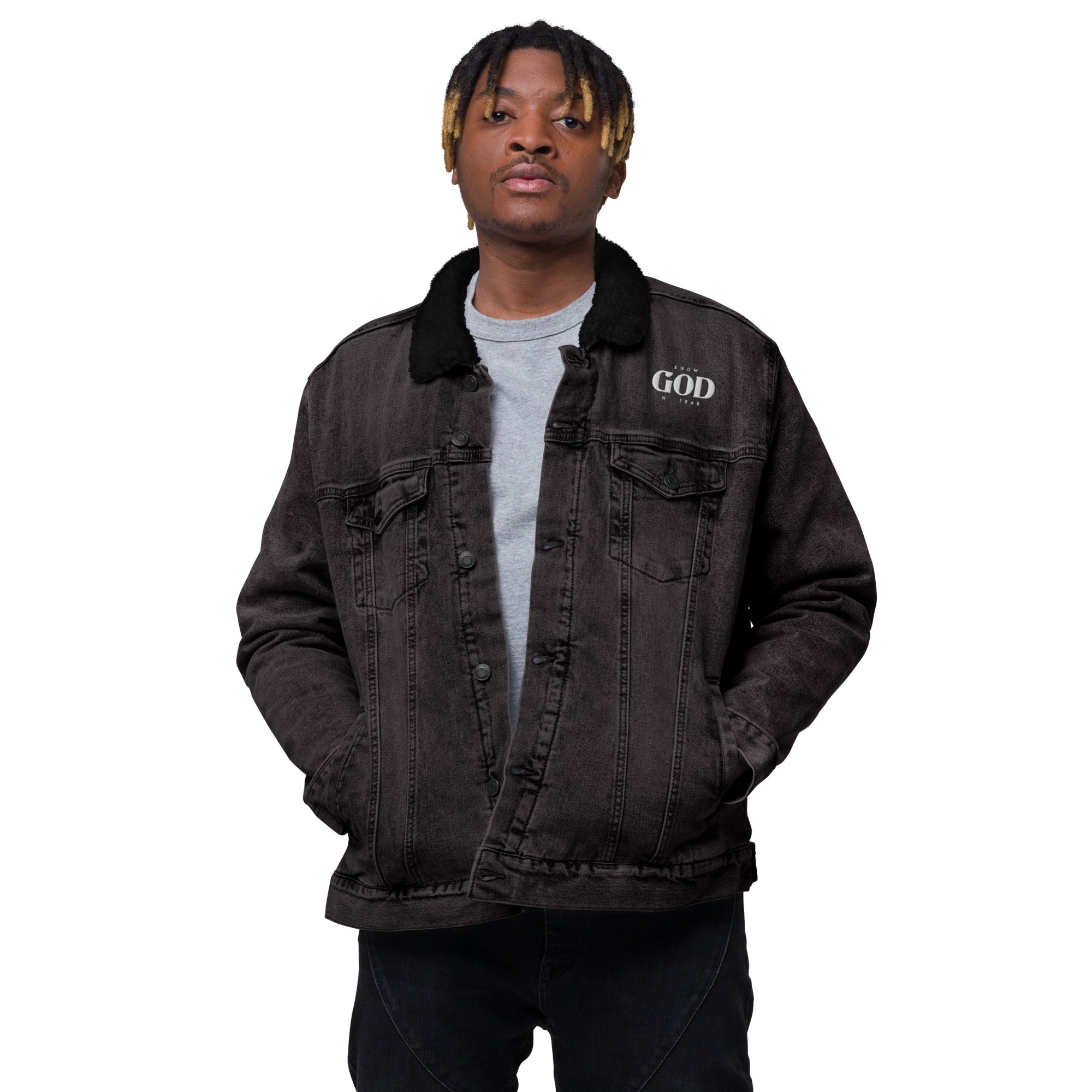 Know God, No Fear: Men's Sherpa-Lined Denim Jacket in Black - Faith-Mark