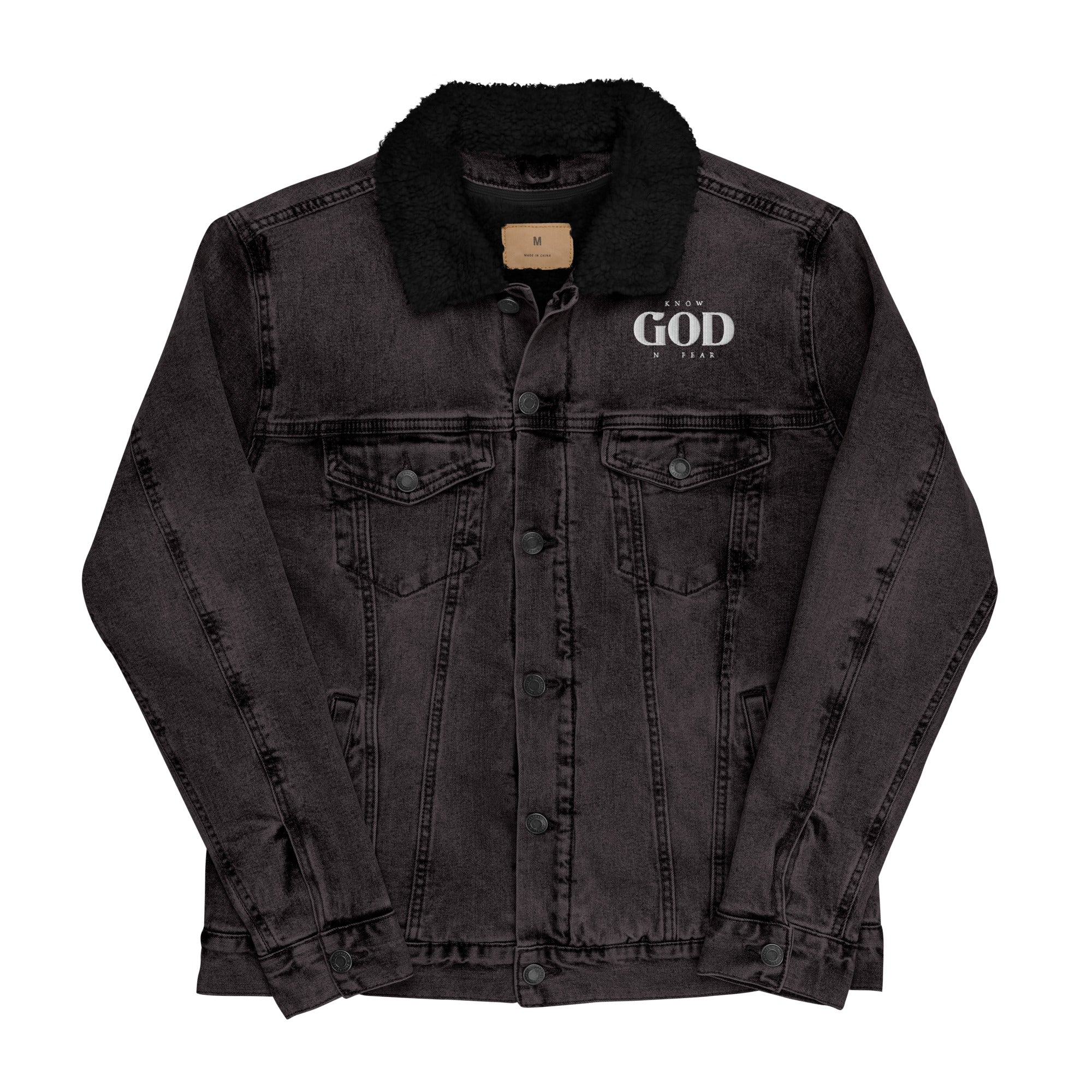 Know God, No Fear: Women's Sherpa-Lined Denim Jacket in Black - Faith-Mark