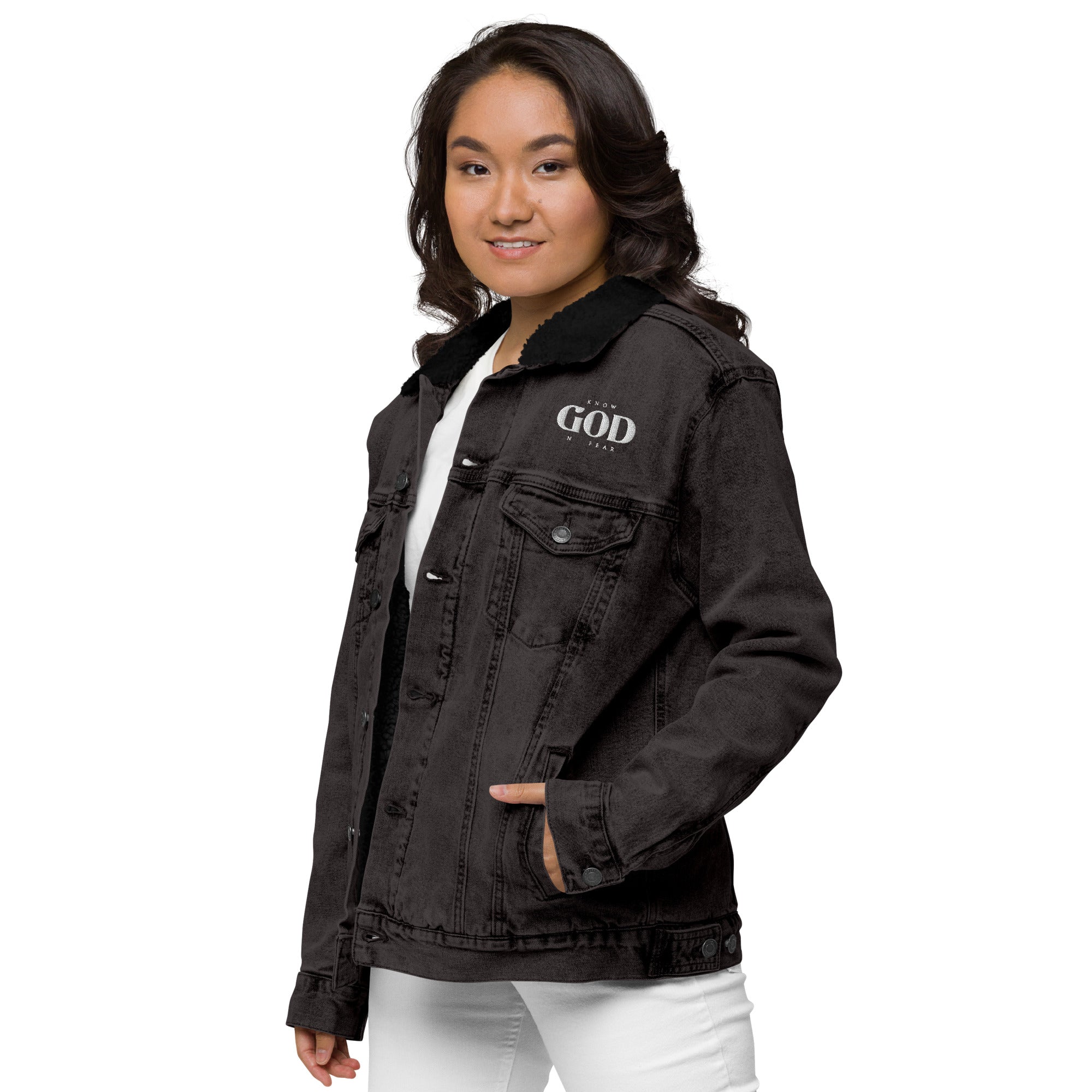 Know God, No Fear: Women's Sherpa-Lined Denim Jacket in Black - Faith-Mark