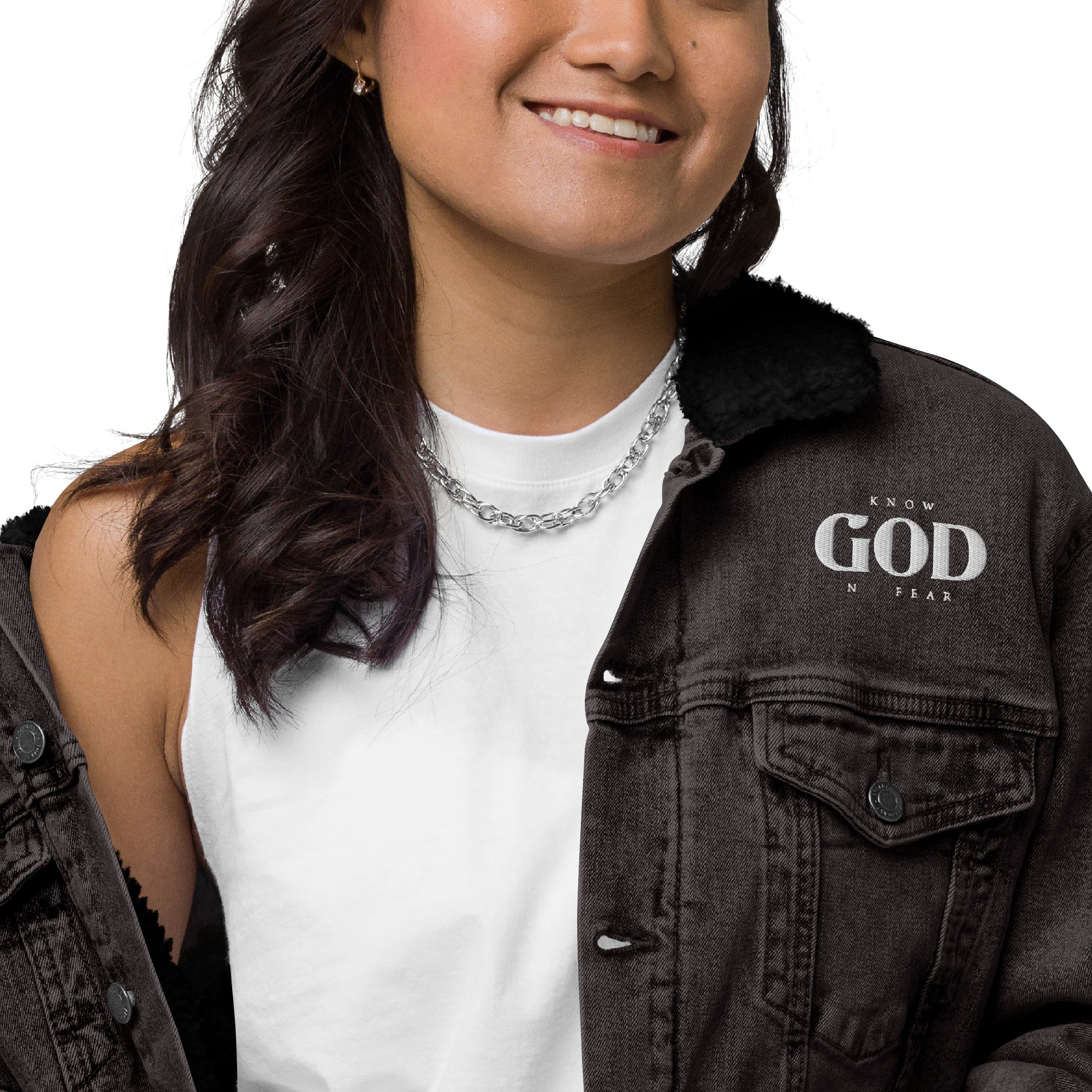 Know God, No Fear: Women's Sherpa-Lined Denim Jacket in Black - Faith-Mark