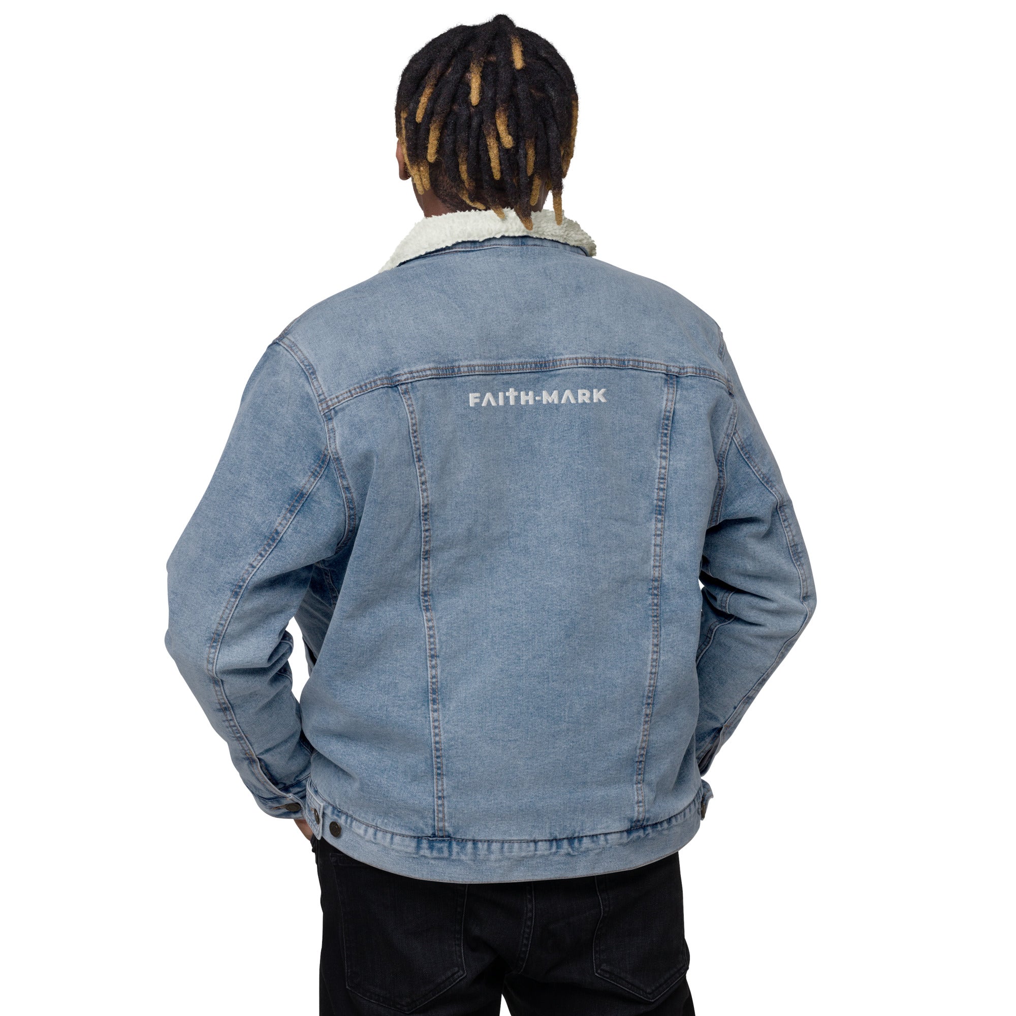 Know God, No Fear: Men's Sherpa-Lined Denim Jacket in Blue - Faith-Mark