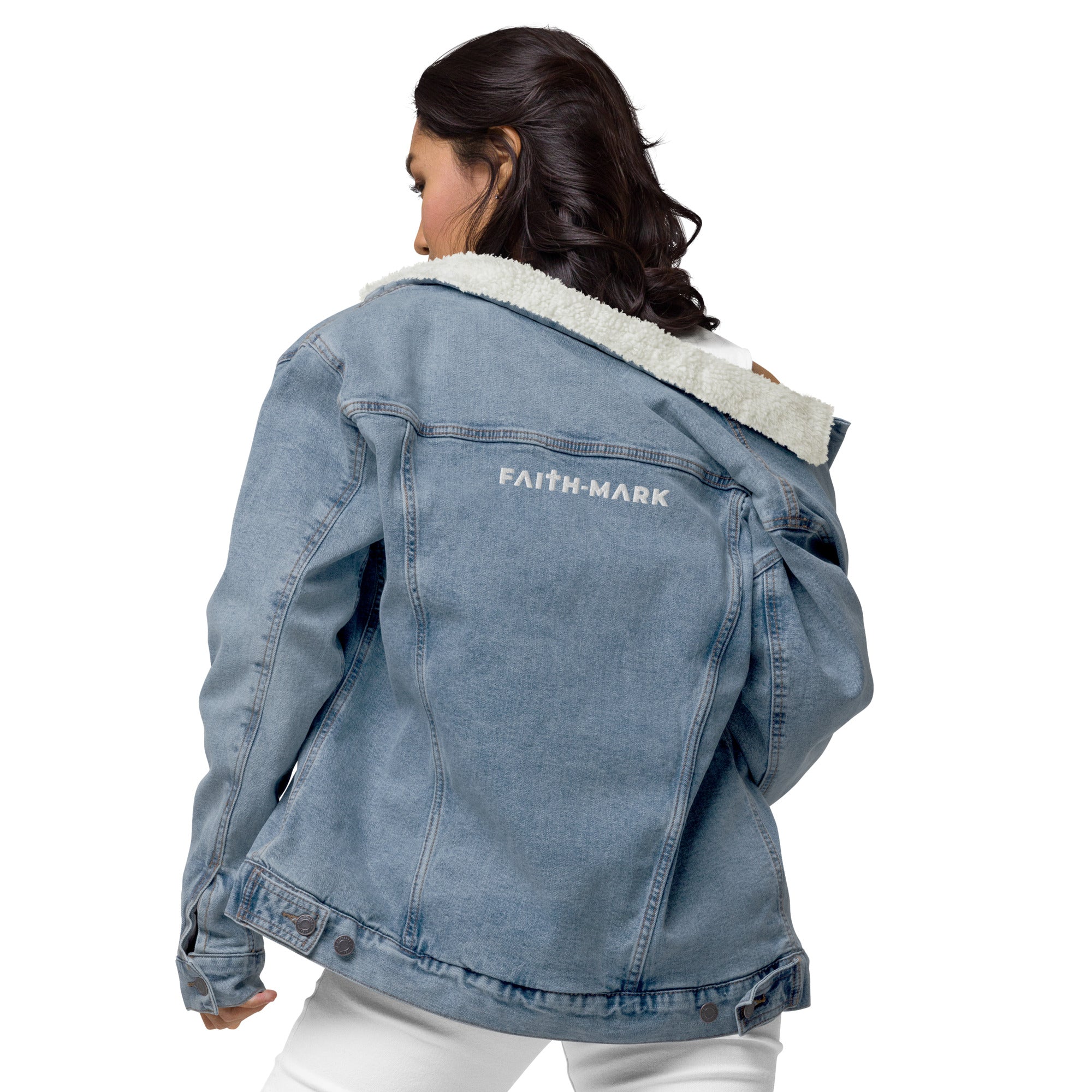 Know God, No Fear: Women's Sherpa-Lined Denim Jacket in Blue - Faith-Mark