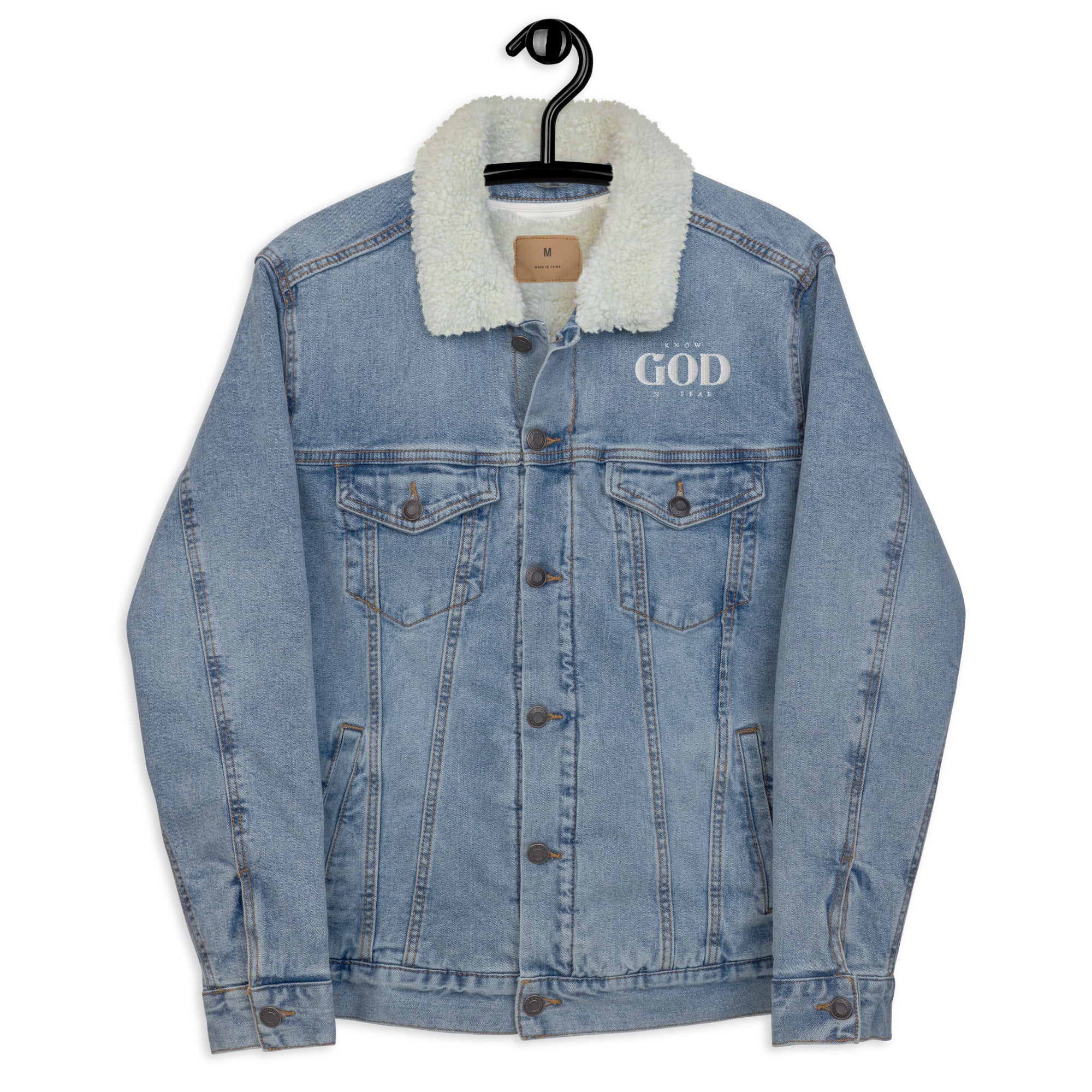 Know God, No Fear: Men's Sherpa-Lined Denim Jacket in Blue - Faith-Mark