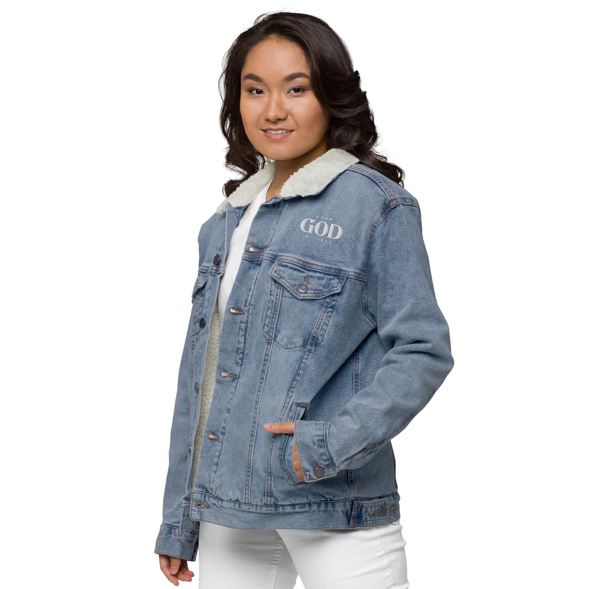 Know God, No Fear: Women's Sherpa-Lined Denim Jacket in Blue - Faith-Mark