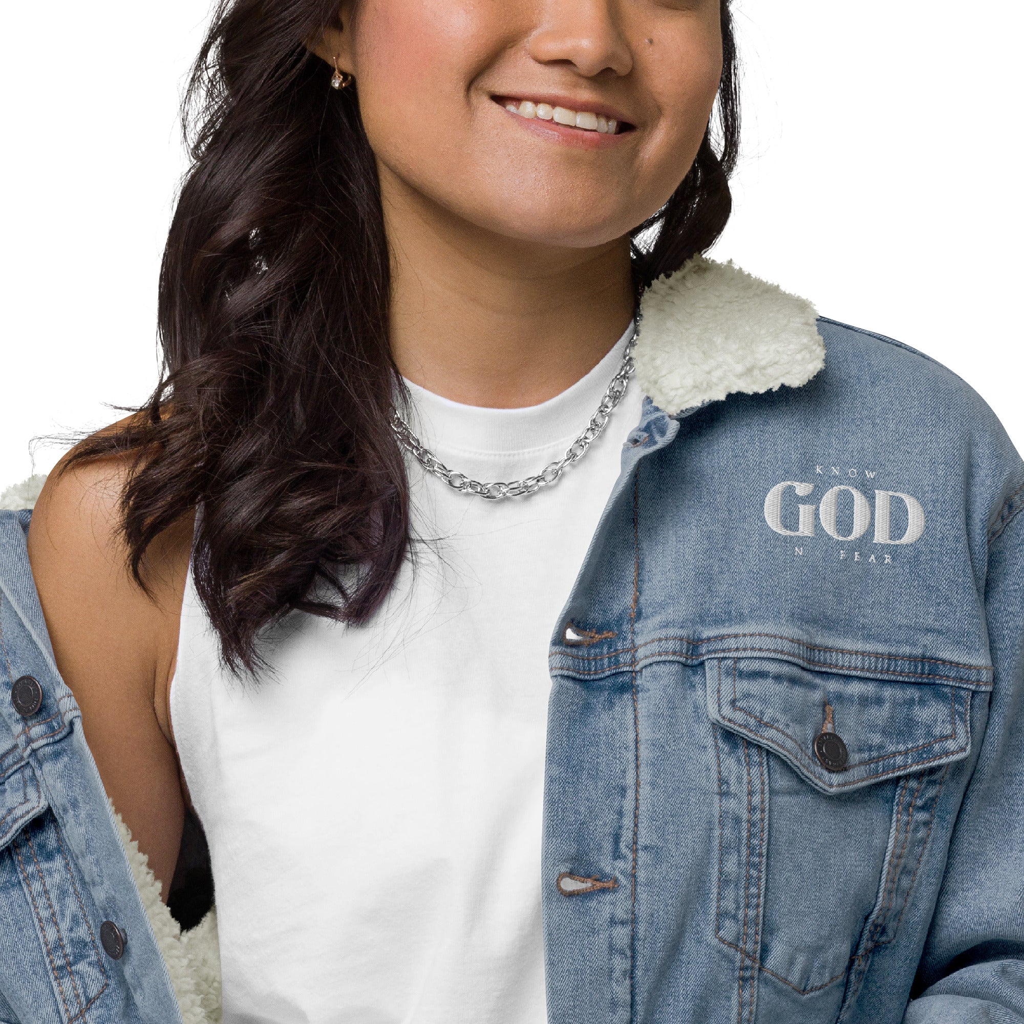 Know God, No Fear: Women's Sherpa-Lined Denim Jacket in Blue - Faith-Mark