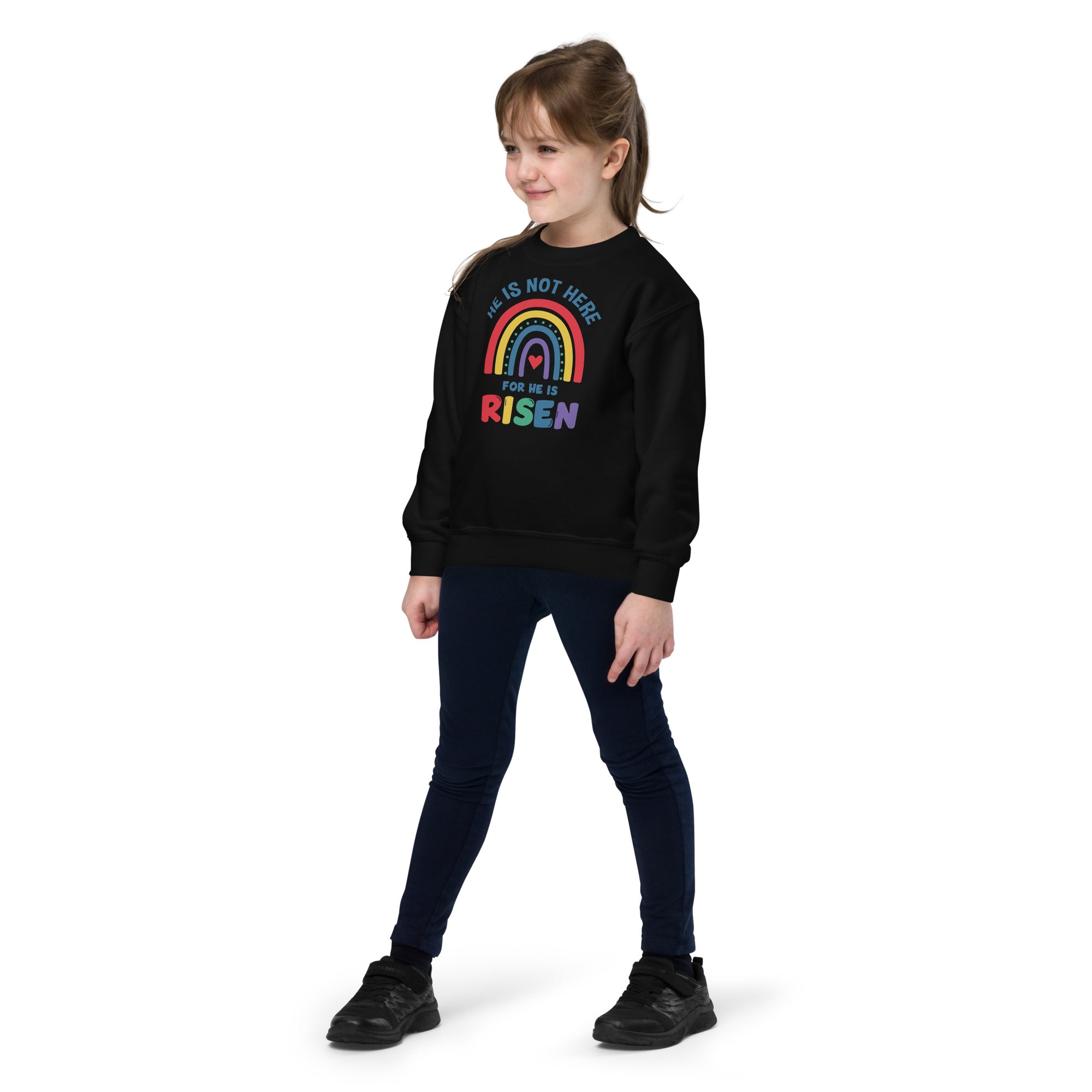 He Is Risen: Girls' Crewneck Sweatshirt in Black - Faith-Mark